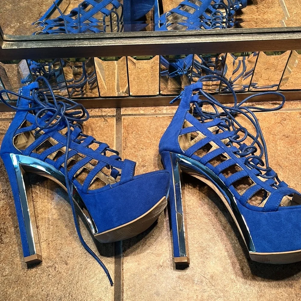 Blue Lace Up Platform Sandals